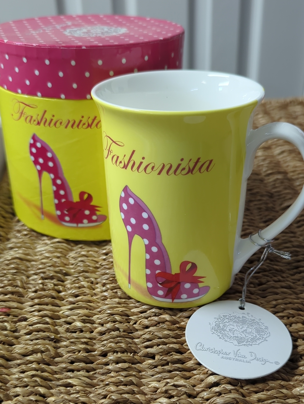 NWT Christopher Vine Mug | Fashionista Yellow & Pink Polka Dot High Heels Mug